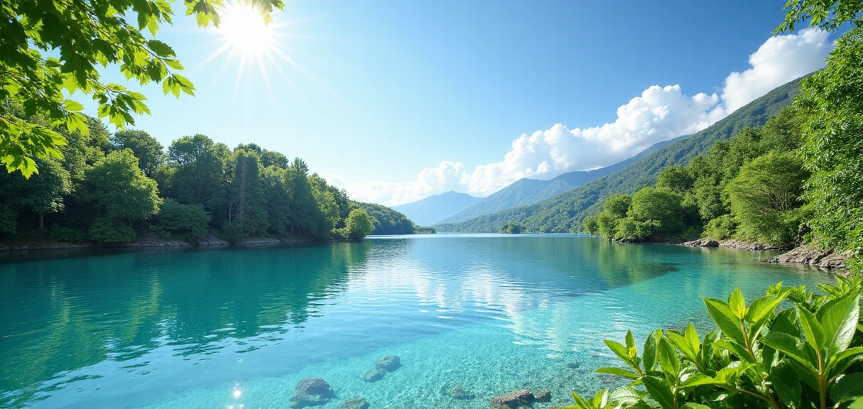 A serene natural landscape with lush greenery and clear skies, symbolizing purity and natural ingredients.