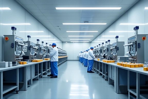 A clean, modern manufacturing facility for health supplements, showing automated processes and high hygiene standards.