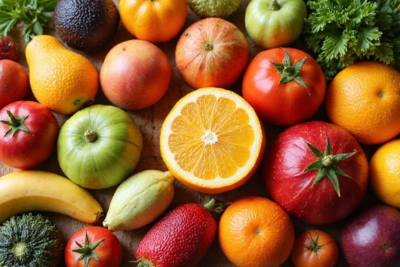A variety of colorful fruits and vegetables, representing a balanced diet