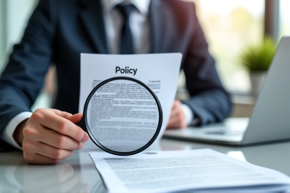 Illustration of a person reading a document with a magnifying glass, symbolizing policy review