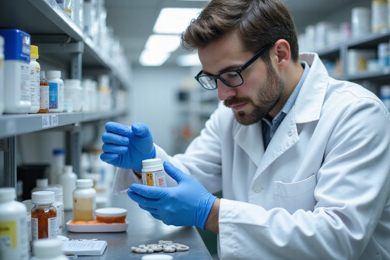 Scientist in a lab coat examining a supplement bottle, sterile environment, quality control.