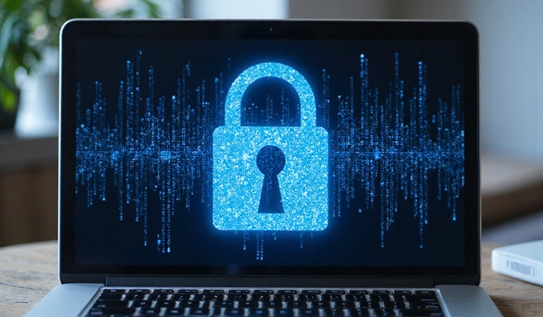 Laptop with security padlock icon indicating data privacy